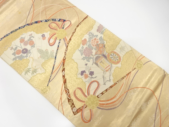 JAPANESE KIMONO / ANTIQUE FUKURO OBI / SILK / WOVEN FOLDING FAN PATTERN